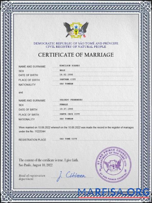 Printable Sao Tome and Principe marriage certificate PSD template